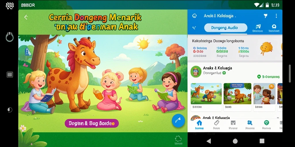 Antarmuka aplikasi 888IDR menampilkan pilihan cerita dongeng yang menarik.
