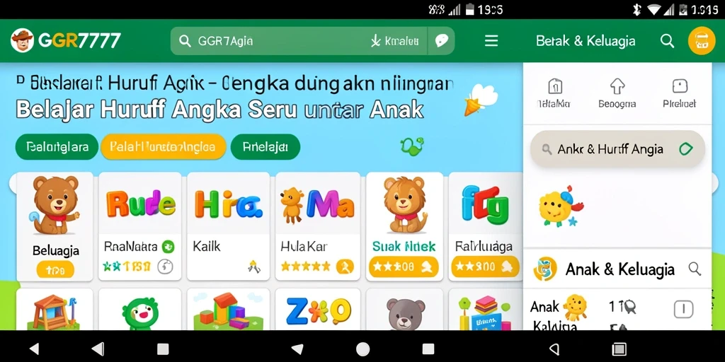 Tampilan antarmuka GGR7777 untuk belajar huruf dan angka yang menarik.