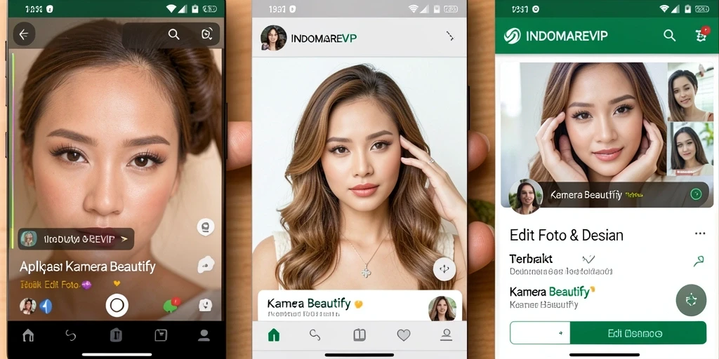 Screenshot antarmuka aplikasi INDOMAREVIP yang menampilkan fitur Kamera Beautify.