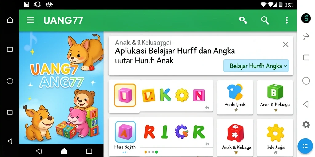 Antarmuka interaktif UANG77 untuk belajar huruf dan angka.